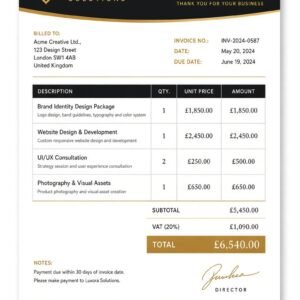Professional Invoice Template for Excel,  Google sheets – Editable & Print-Ready